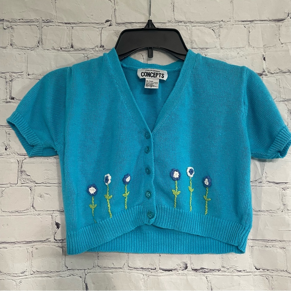 Girls Blue Flower Sweater Cardigan Size 16